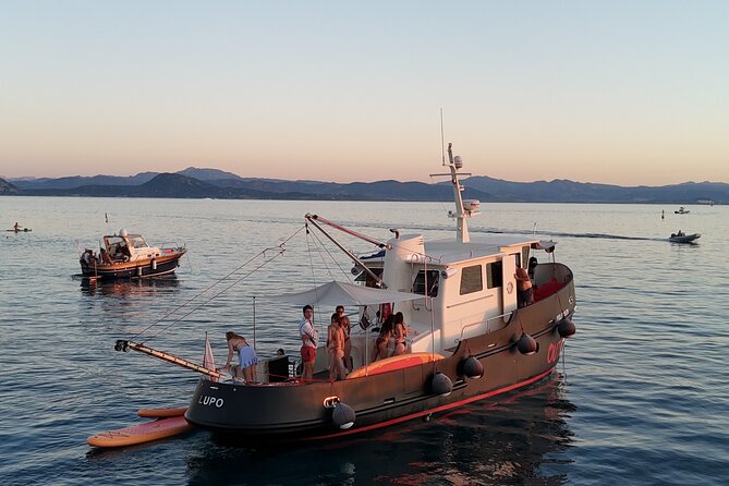 Sunset with dolphins on a vintage tugboat in Golfo Aranci - A vintage tugboat makes Golfo Aranci feel different